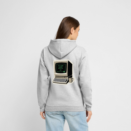 Ich fahre jetzt herunter. Motiv-Hoodie unisex, Farbe Hellgrau meliert, Model