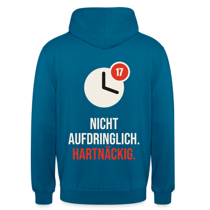 Nicht aufdringlich. Hartnäckig. Motiv-Hoodie unisex, Farbe Tiefseeblau
