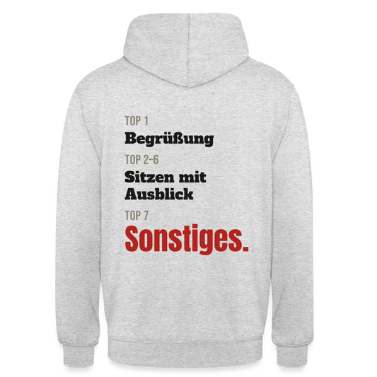 Top 1 Begrüßung, Top 2 bis 6 Sitzen mit Ausblick, Top 7 Sonstiges Motiv-Hoodie unisex, Farbe Hellgrau meliert