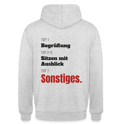 Top 1 Begrüßung, Top 2 bis 6 Sitzen mit Ausblick, Top 7 Sonstiges Motiv-Hoodie unisex, Farbe Hellgrau meliert