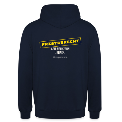 "Fristgerecht seit neunzehn Jahren. Gern geschehen." Motiv-Hoodie unisex, Farbe Navy