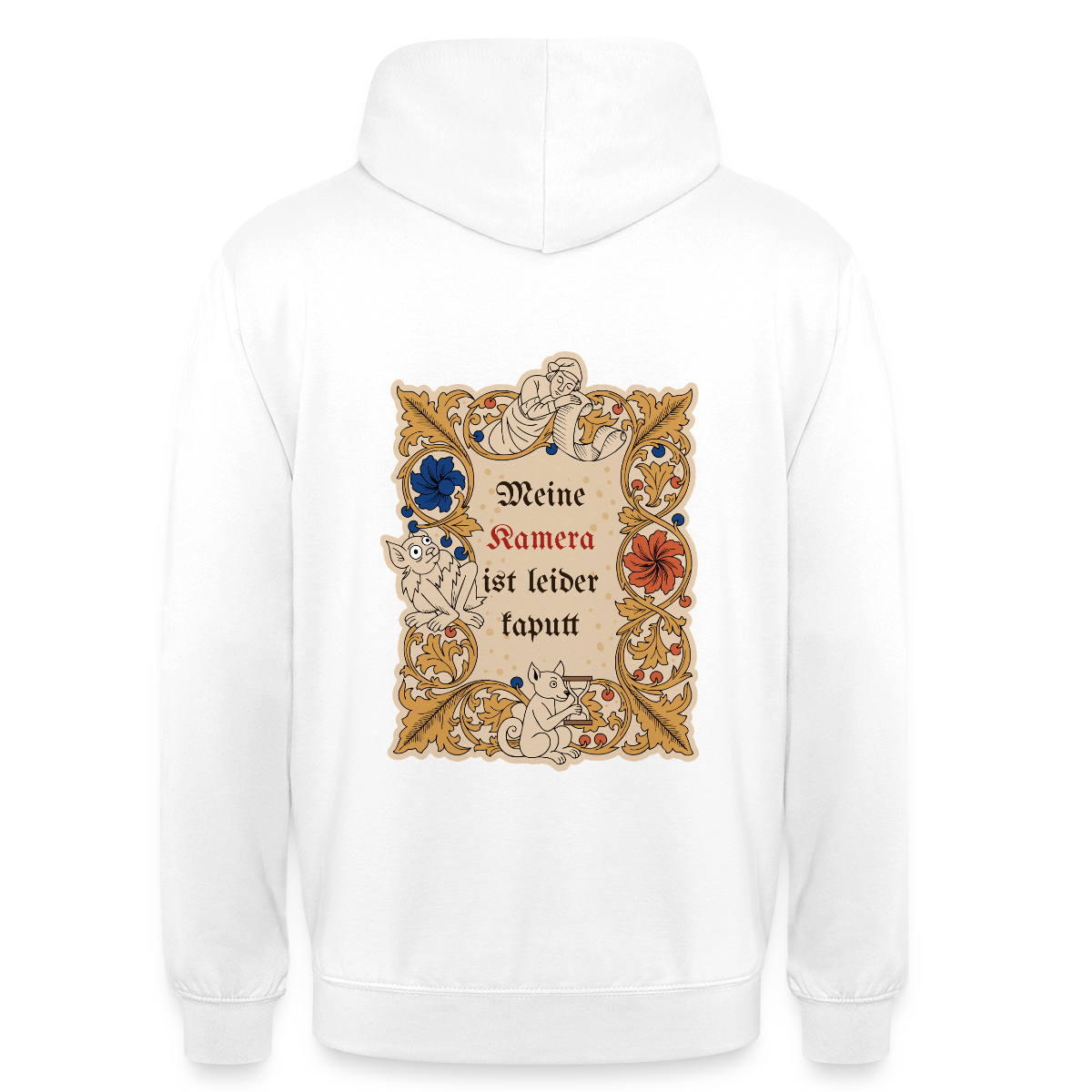 "Meine Kamera ist leider kaputt. Buchmalerei-Motiv" Motiv-Hoodie unisex, Farbe Weiß