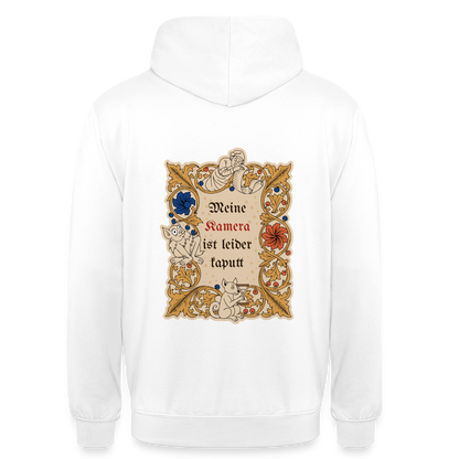 "Meine Kamera ist leider kaputt. Buchmalerei-Motiv" Motiv-Hoodie unisex, Farbe Weiß