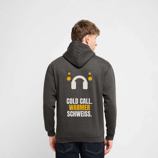 "Cold Call. Warmer Schweiß." Motiv-Hoodie unisex, Farbe Anthrazit, Model