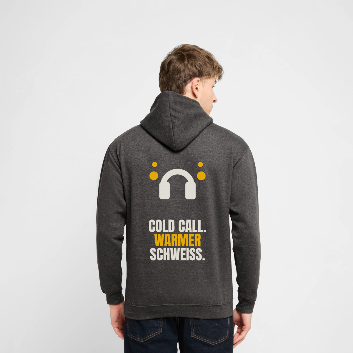 "Cold Call. Warmer Schweiß." Motiv-Hoodie unisex, Farbe Anthrazit, Model