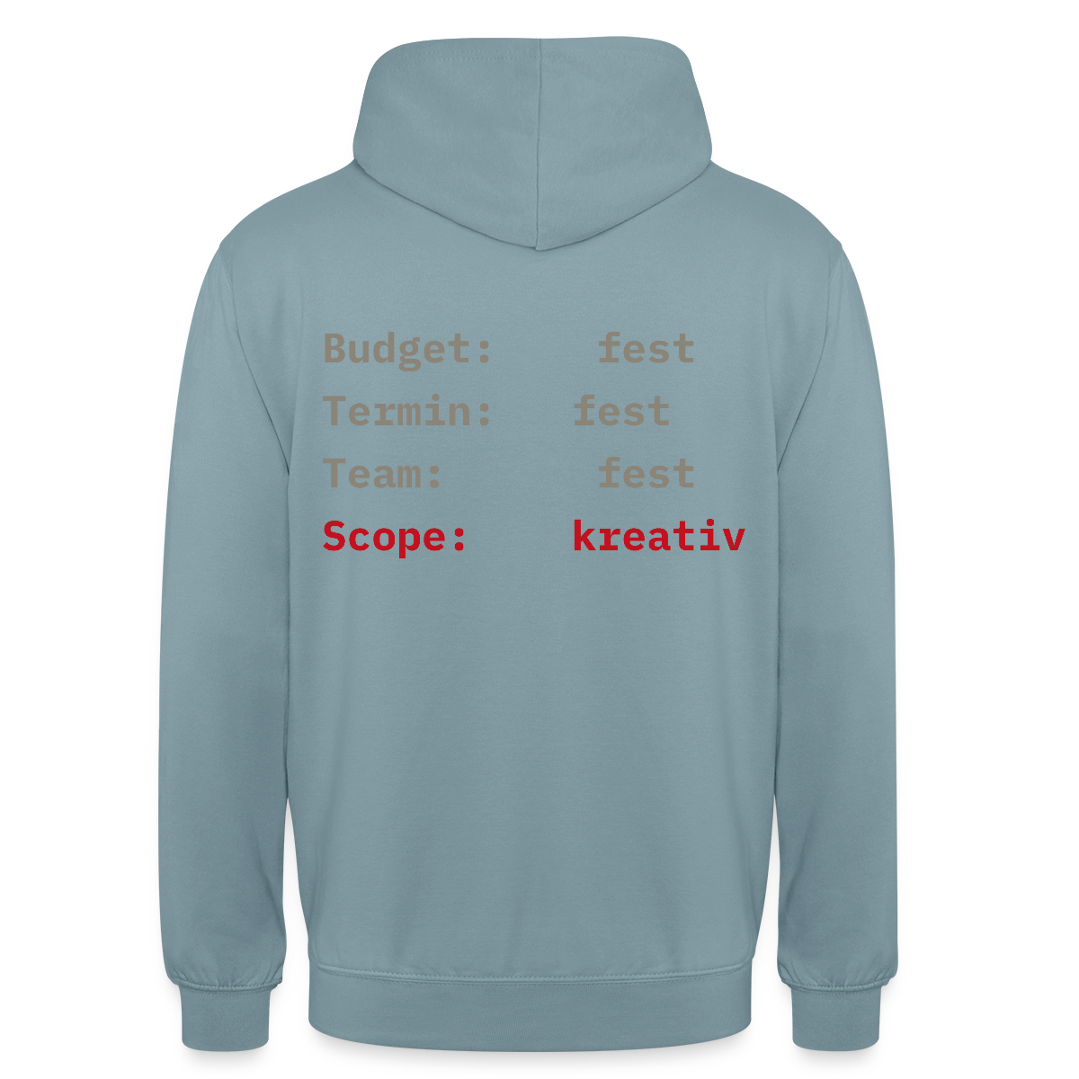 Budget: fest. Termin: fest. Team: fest. Scope: kreativ. Motiv-Hoodie unisex, Farbe Nebelblau