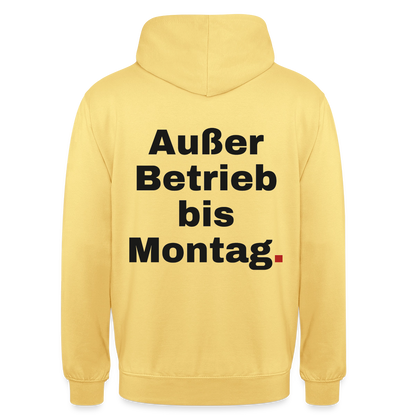 "Außer Betrieb bis Montag." Motiv-Hoodie unisex, Farbe Zitronengelb