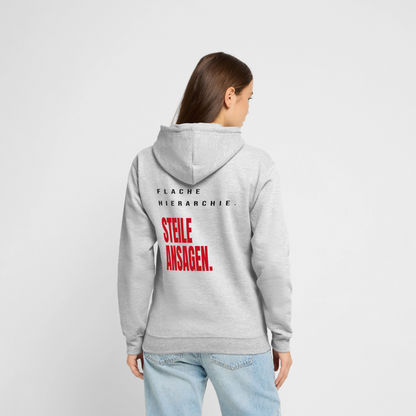 "Flache Hierarchie. Steile Ansagen." Motiv-Hoodie unisex, Farbe Hellgrau meliert