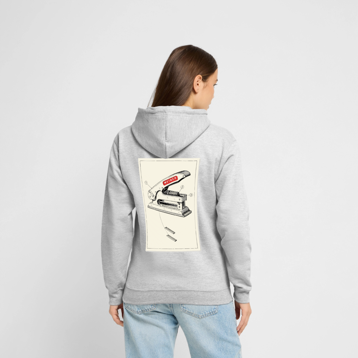 Meiner. Der Tacker kommt mit. Motiv-Hoodie unisex, Farbe Hellgrau meliert, Model