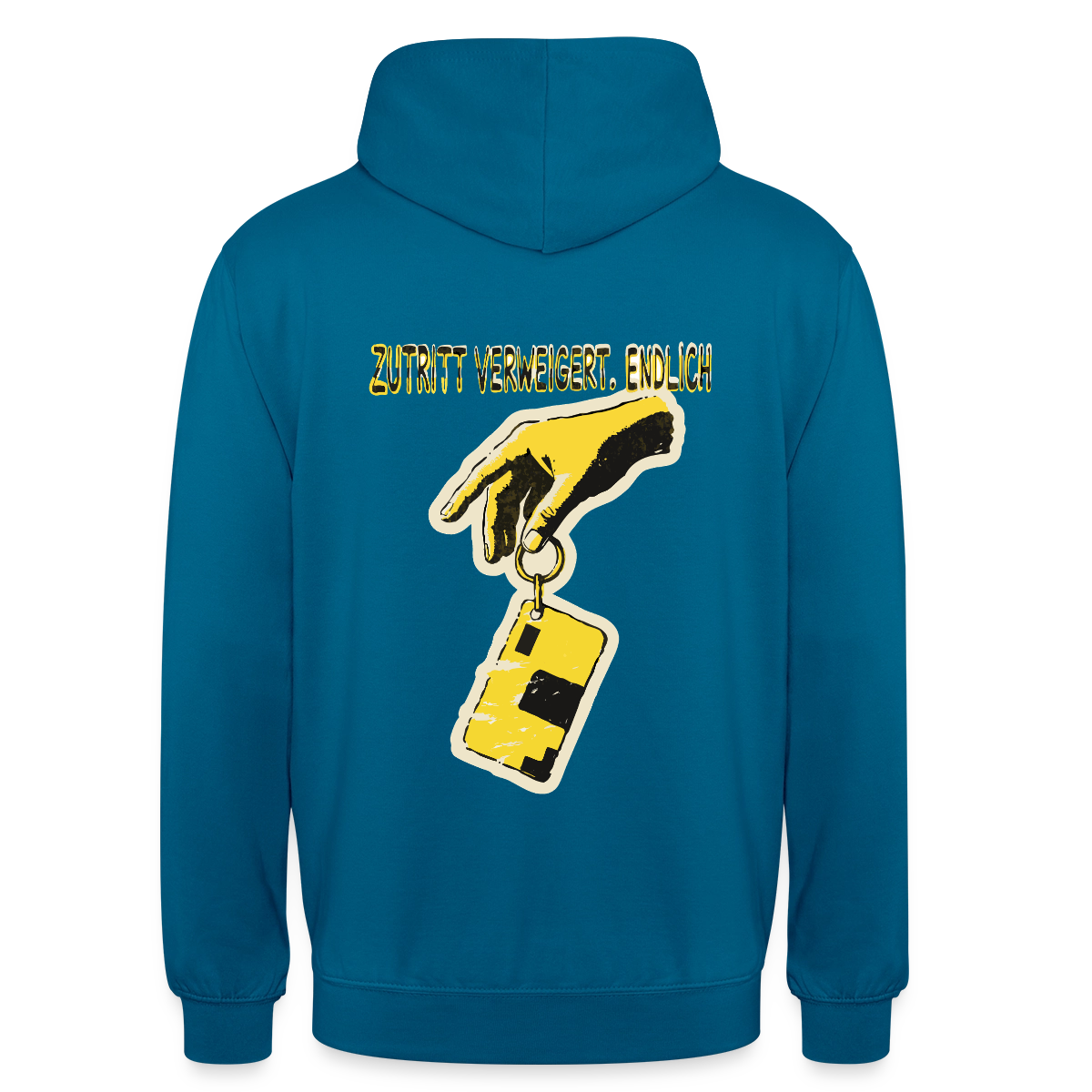 "Zutritt verweigert. Endlich." Motiv-Hoodie unisex, Farbe Tiefseeblau