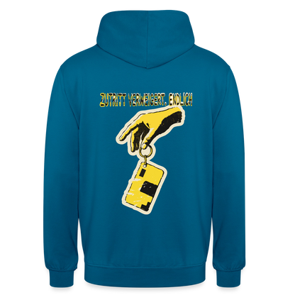 "Zutritt verweigert. Endlich." Motiv-Hoodie unisex, Farbe Tiefseeblau