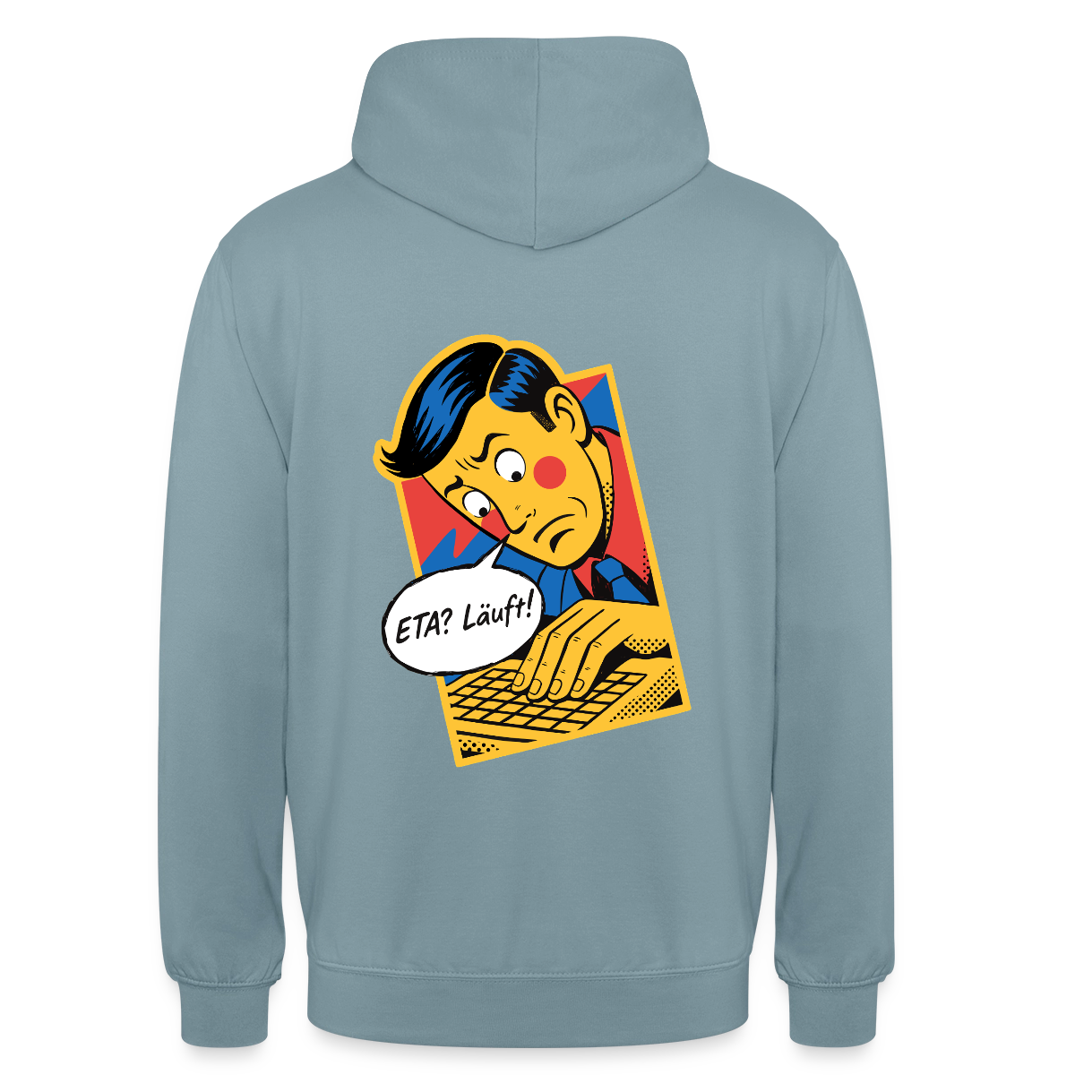 "ETA? Läuft! Popart-Motiv" Motiv-Hoodie unisex, Farbe Nebelblau