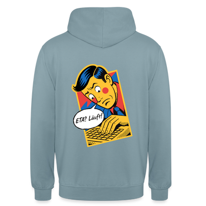 "ETA? Läuft! Popart-Motiv" Motiv-Hoodie unisex, Farbe Nebelblau