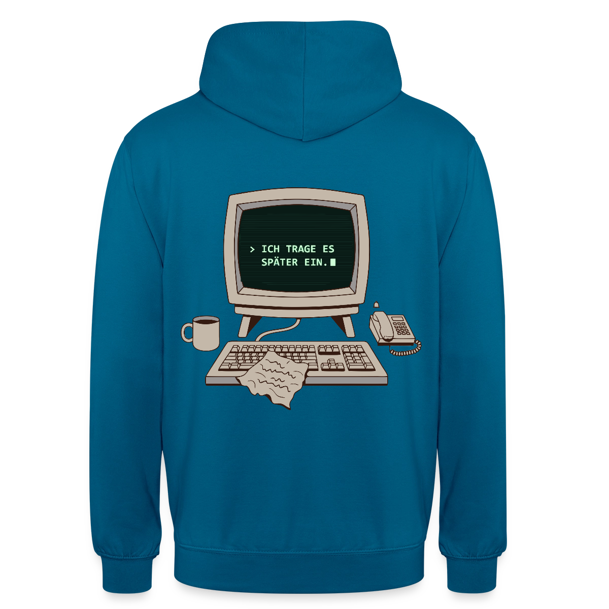 Ich trage es später ein. Motiv-Hoodie unisex, Farbe Tiefseeblau