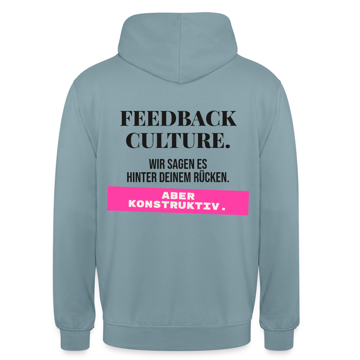 Feedback Culture. Wir sagen es hinter deinem Rücken. Aber konstruktiv. Motiv-Hoodie unisex, Farbe Nebelblau