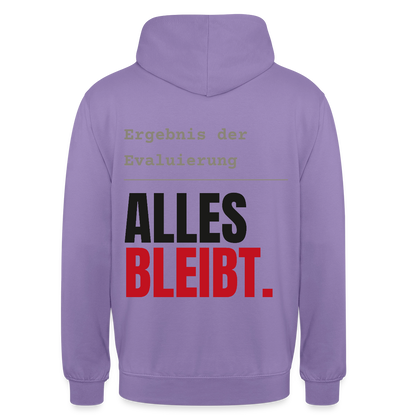 "Ergebnis der Evaluierung: alles bleibt." Motiv-Hoodie unisex, Farbe Lavendel
