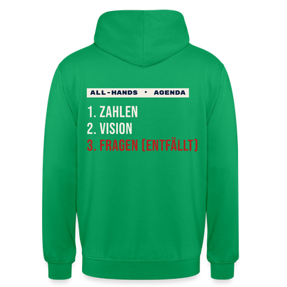All-Hands-Agenda: 1 Zahlen, 2 Vision, 3 Fragen (entfällt) Motiv-Hoodie unisex, Farbe Kelly Green