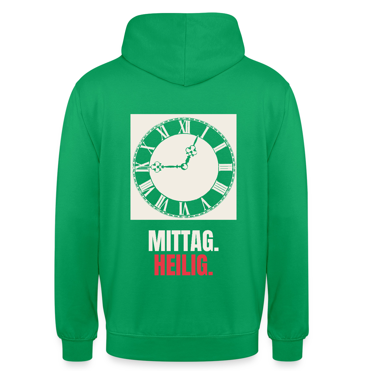 "Mittag. Heilig." Motiv-Hoodie unisex, Farbe Kelly Green