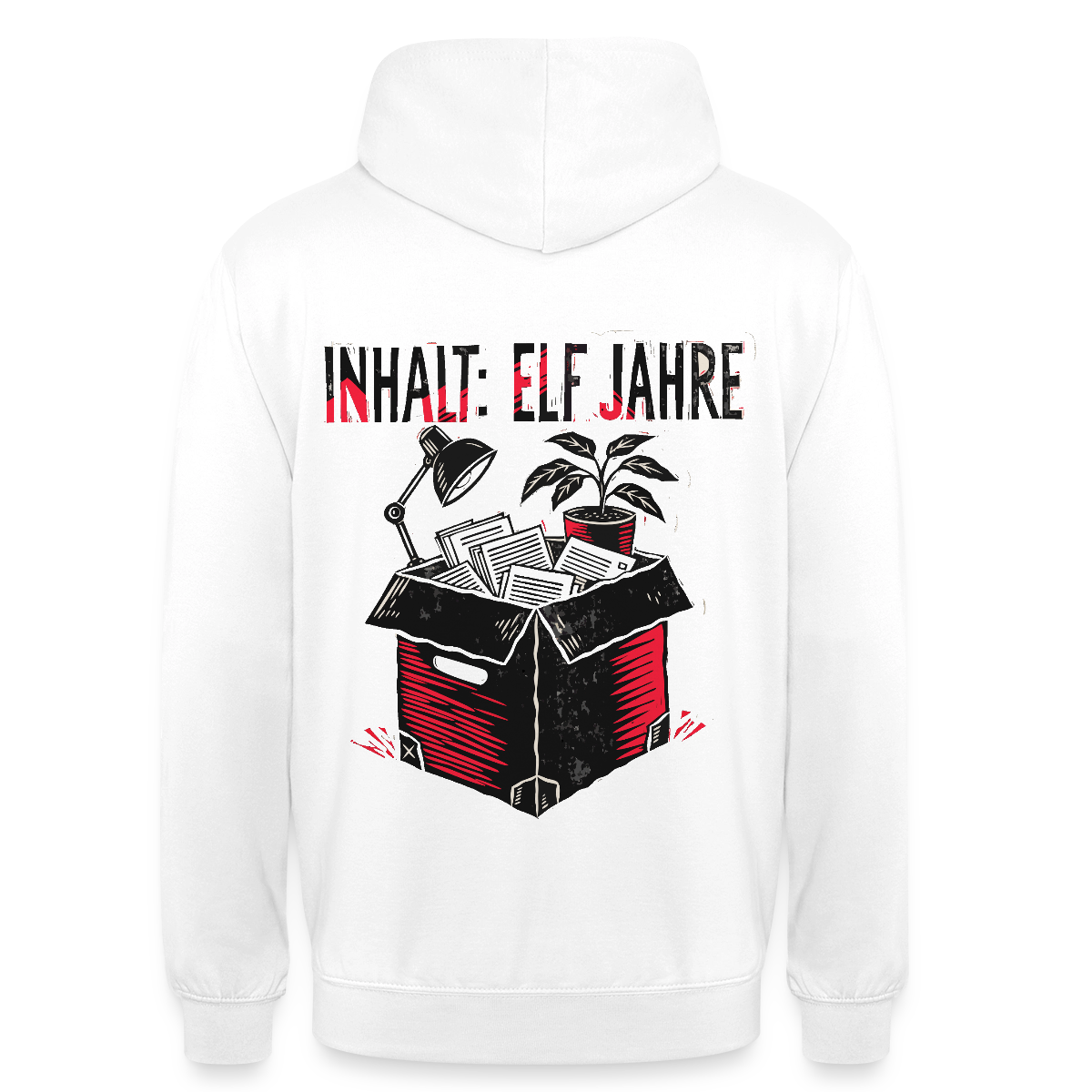 "Inhalt: elf Jahre. Linolschnitt-Motiv" Motiv-Hoodie unisex, Farbe Weiß