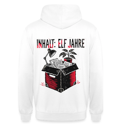 "Inhalt: elf Jahre. Linolschnitt-Motiv" Motiv-Hoodie unisex, Farbe Weiß