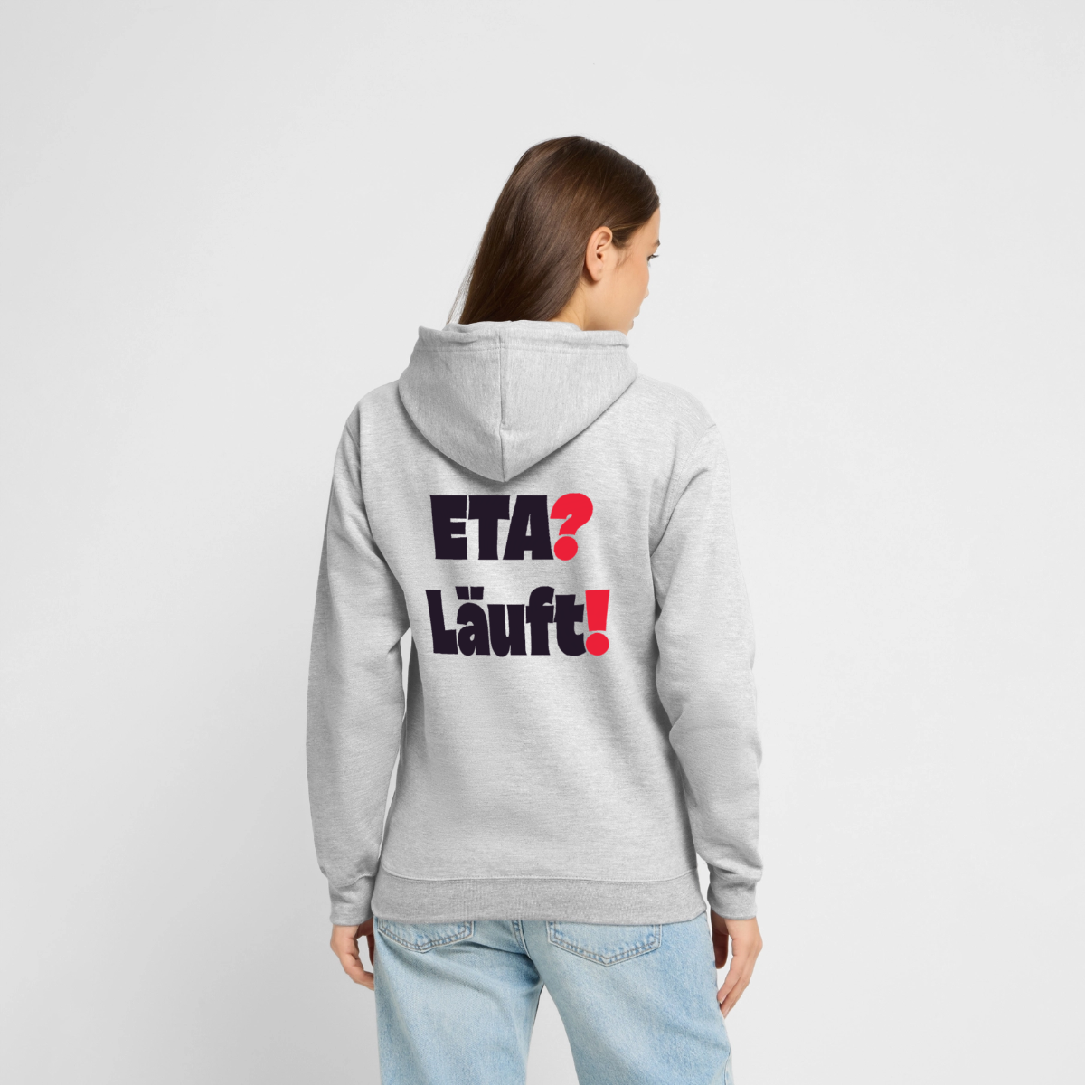 "ETA? Läuft! Typo-Motiv" Motiv-Hoodie unisex, Farbe Hellgrau meliert