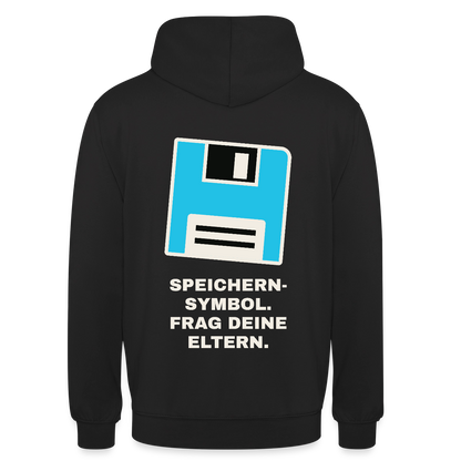 Speichern-Symbol. Frag deine Eltern. Motiv-Hoodie unisex, Farbe Schwarz