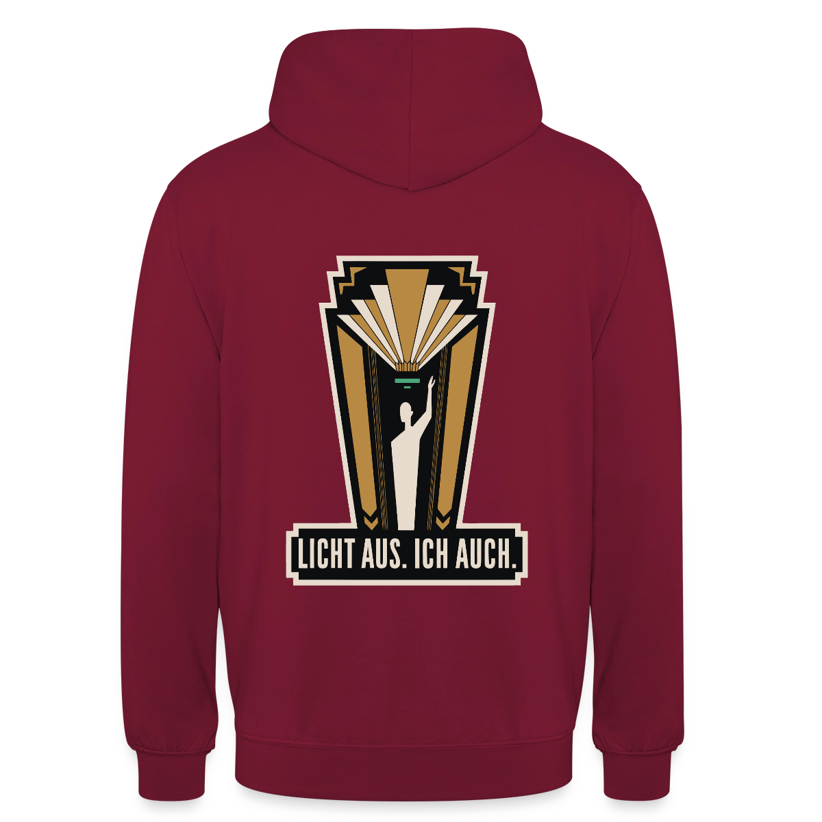 "Licht aus. Ich auch. Art-déco-Motiv" Motiv-Hoodie unisex, Farbe Bordeaux