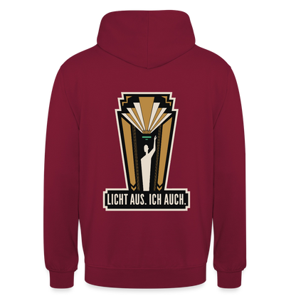 "Licht aus. Ich auch. Art-déco-Motiv" Motiv-Hoodie unisex, Farbe Bordeaux