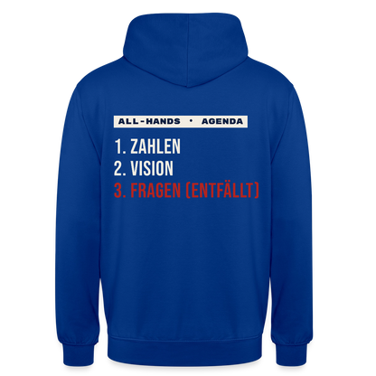 All-Hands-Agenda: 1 Zahlen, 2 Vision, 3 Fragen (entfällt) Motiv-Hoodie unisex, Farbe Royalblau