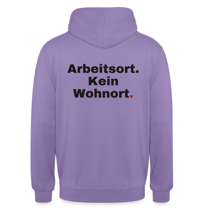 "Arbeitsort. Kein Wohnort." Motiv-Hoodie unisex, Farbe Lavendel