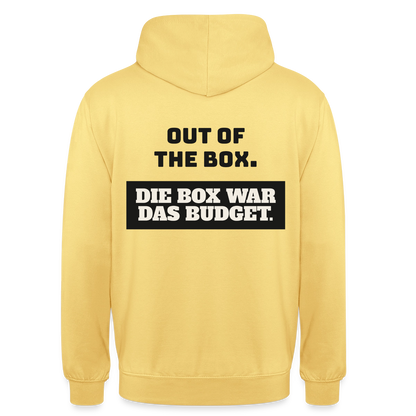 Out of the Box. Die Box war das Budget. Motiv-Hoodie unisex, Farbe Zitronengelb