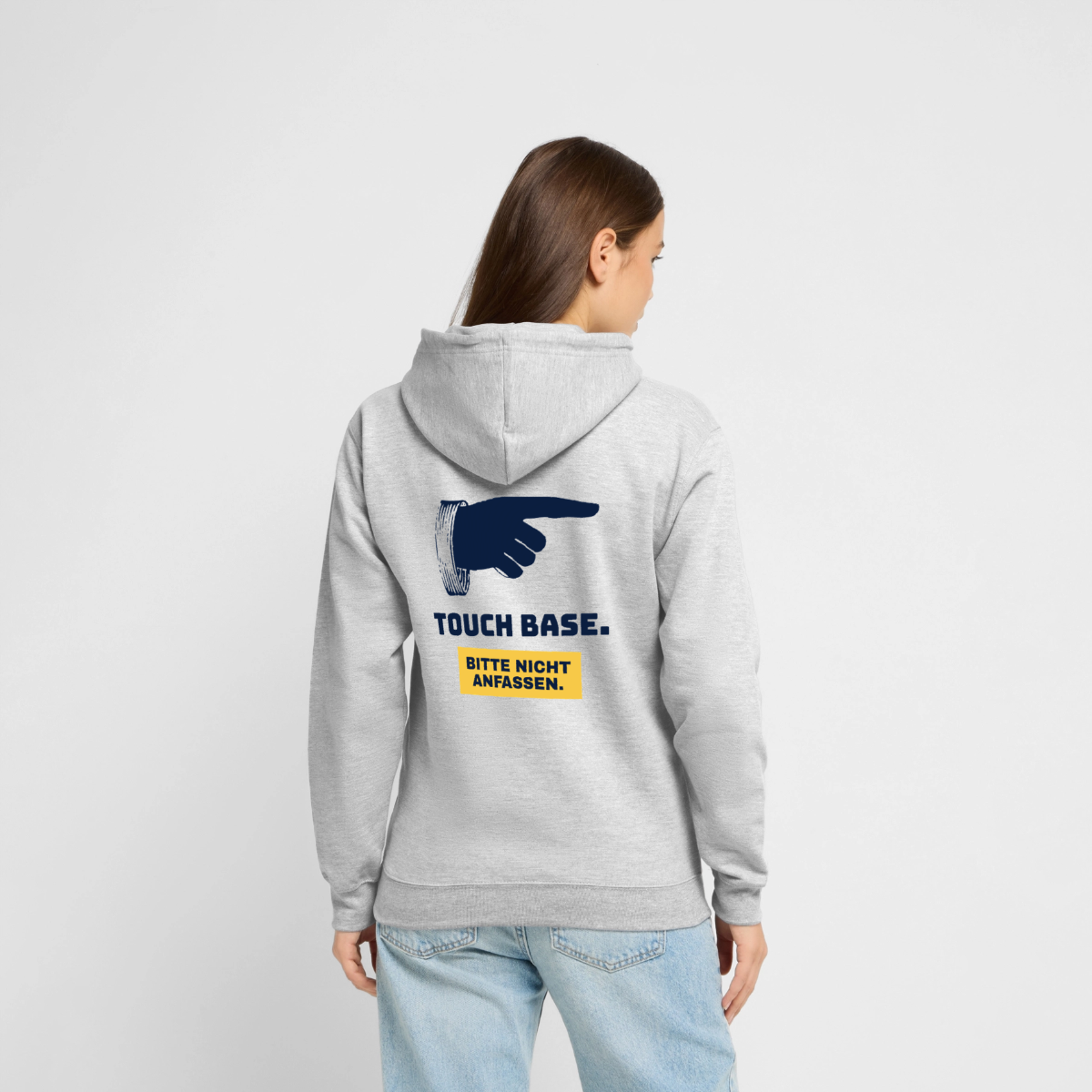 "Touch base. Bitte nicht anfassen." Motiv-Hoodie unisex, Farbe Hellgrau meliert