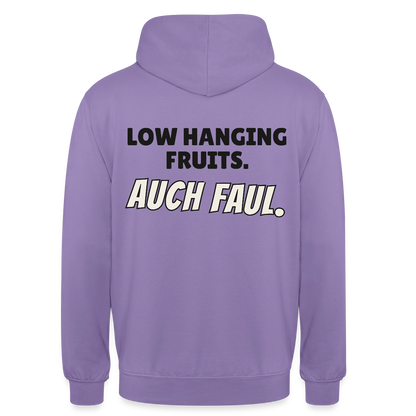 "Low hanging fruits. Auch faul." Motiv-Hoodie unisex, Farbe Lavendel
