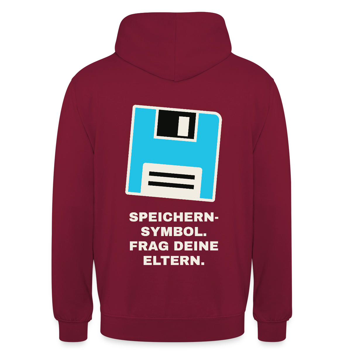 Speichern-Symbol. Frag deine Eltern. Motiv-Hoodie unisex, Farbe Bordeaux