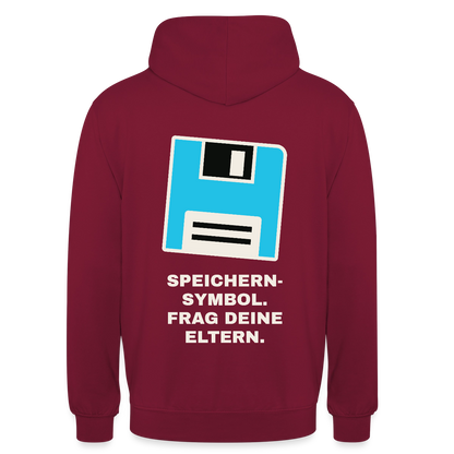 Speichern-Symbol. Frag deine Eltern. Motiv-Hoodie unisex, Farbe Bordeaux