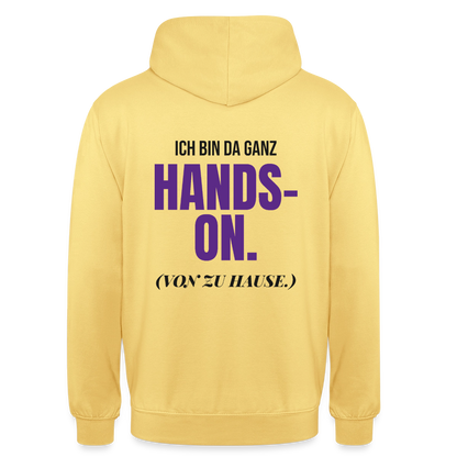 Hands-on von zu Hause Motiv-Hoodie unisex, Farbe Zitronengelb