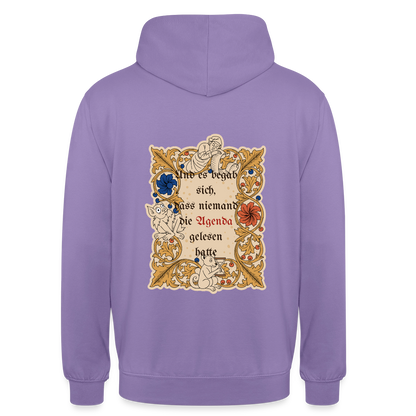 "Und es begab sich, dass niemand die Agenda gelesen hatte. Buchmalerei-Motiv" Motiv-Hoodie unisex, Farbe Lavendel