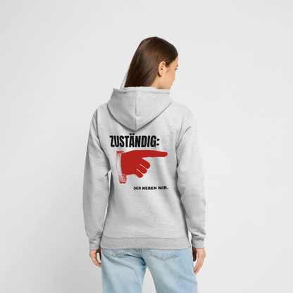 "Zuständig: der neben mir." Motiv-Hoodie unisex, Farbe Hellgrau meliert, Model