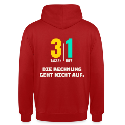 "3 Tassen, 1 Idee. Die Rechnung geht nicht auf." Motiv-Hoodie unisex, Farbe Rot