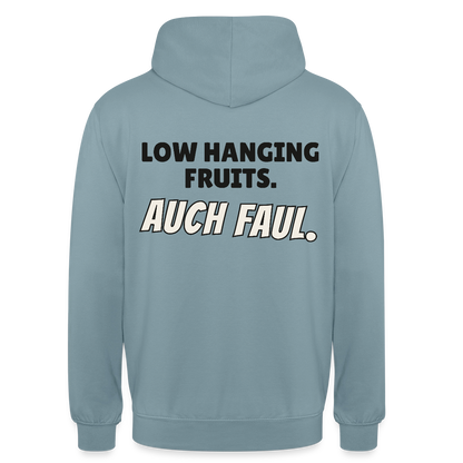 "Low hanging fruits. Auch faul." Motiv-Hoodie unisex, Farbe Nebelblau
