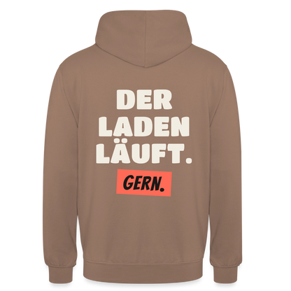 Der Laden läuft. Gern. Motiv-Hoodie unisex, Farbe Mokka