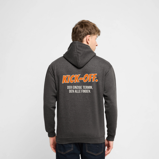 "Kick-off: der einzige Termin, den alle finden." Motiv-Hoodie unisex, Farbe Anthrazit