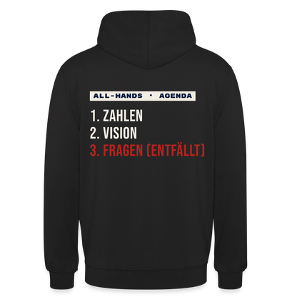All-Hands-Agenda: 1 Zahlen, 2 Vision, 3 Fragen (entfällt) Motiv-Hoodie unisex, Farbe Schwarz