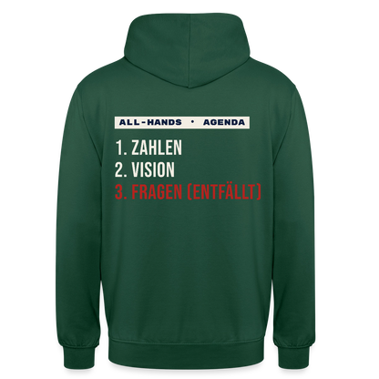 All-Hands-Agenda: 1 Zahlen, 2 Vision, 3 Fragen (entfällt) Motiv-Hoodie unisex, Farbe Flaschengrün