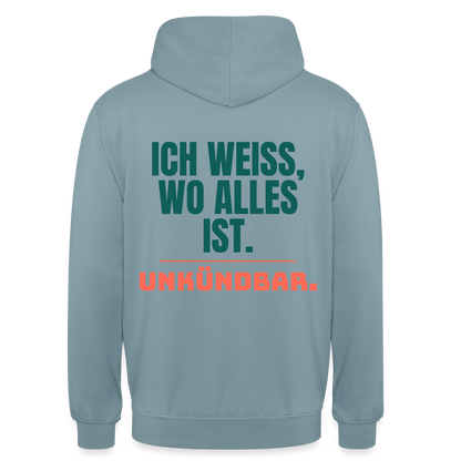 Ich weiß, wo alles ist. Unkündbar. Motiv-Hoodie unisex, Farbe Nebelblau