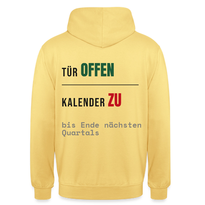 Tür offen. Kalender zu. Motiv-Hoodie unisex, Farbe Zitronengelb