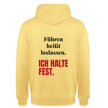 Führen heißt loslassen. Ich halte fest. Motiv-Hoodie unisex, Farbe Zitronengelb