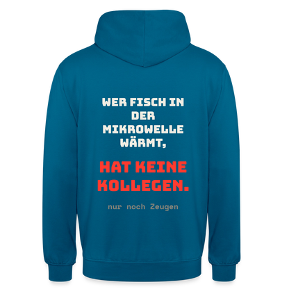 "Wer Fisch in der Mikrowelle wärmt, hat keine Kollegen, nur noch Zeugen" Motiv-Hoodie unisex, Farbe Tiefseeblau