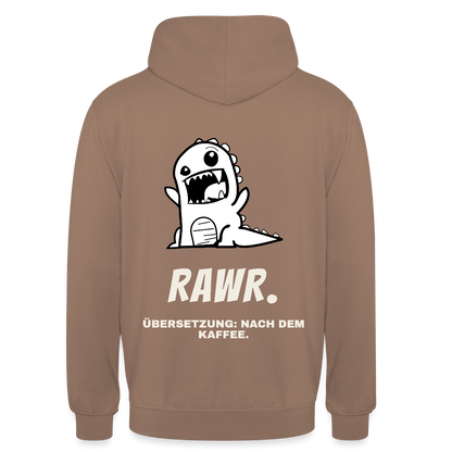 "Rawr. Übersetzung: nach dem Kaffee." Motiv-Hoodie unisex, Farbe Mokka
