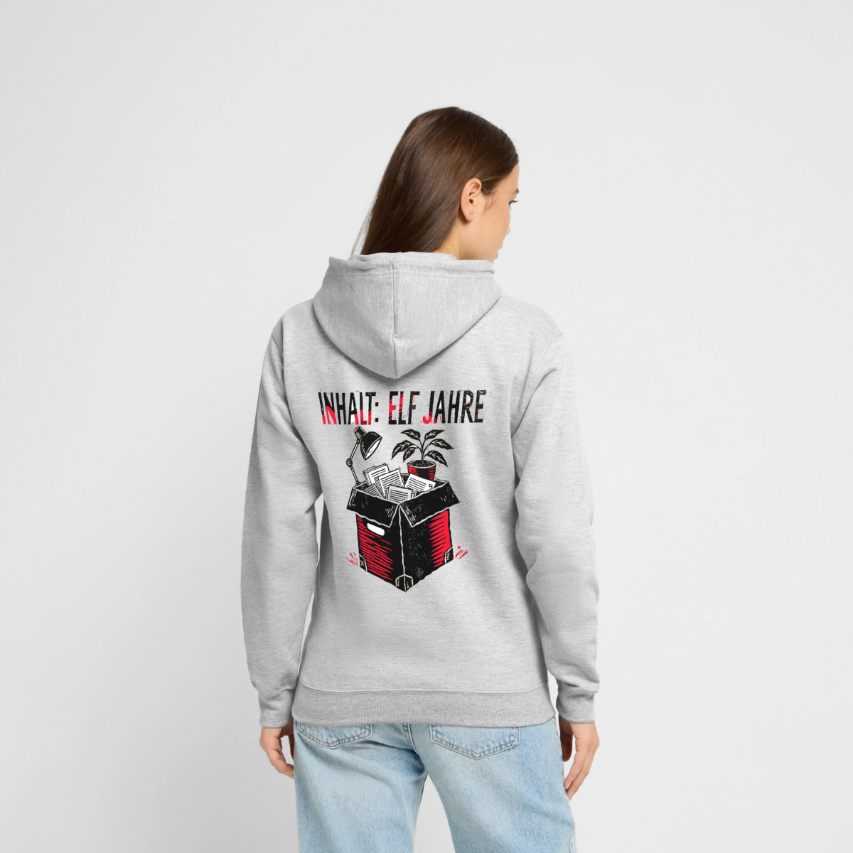 Inhalt: elf Jahre. Linolschnitt-Motiv Motiv-Hoodie unisex, Farbe Hellgrau meliert, Model